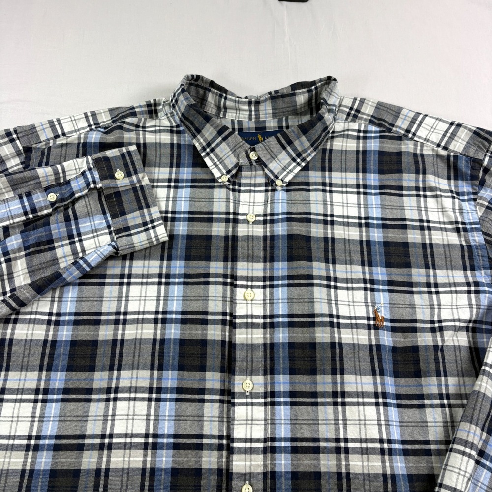 Polo Ralph Lauren Shirt Mens 4XB Big Gray Blue Plaid Button Up Flesh Pony Preppy
